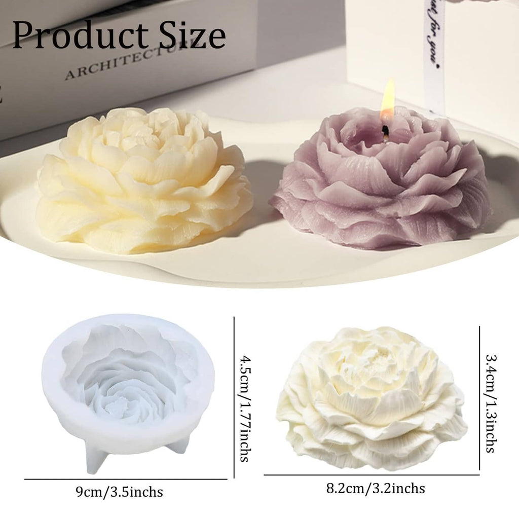 Peony flower candle mold size chart with light blue, cream, and lavender examples