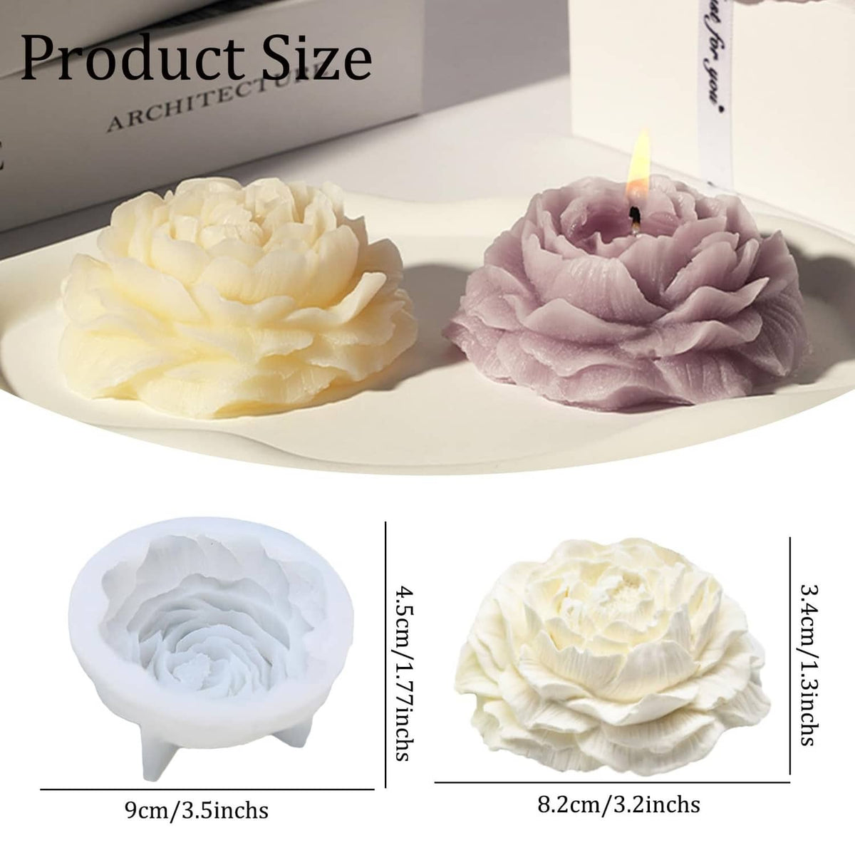 Peony flower candle mold size chart with light blue, cream, and lavender examples