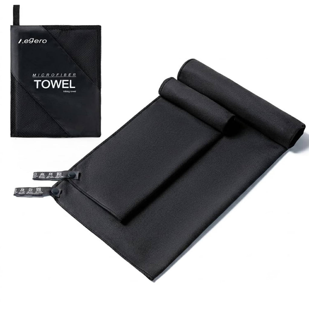 Black microfiber towel folded with carrying pouch and attached hanging loop