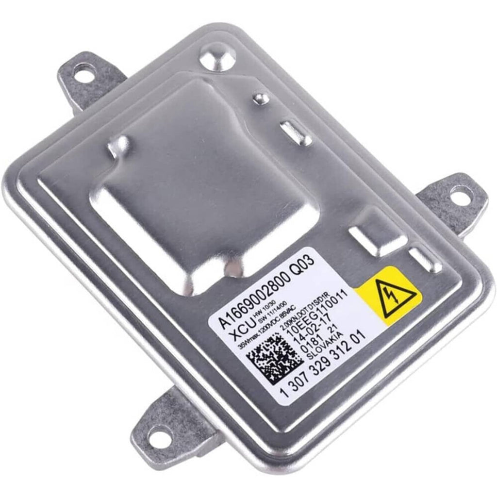 HID headlight ballast unit, metal casing with barcode label and side connector openings