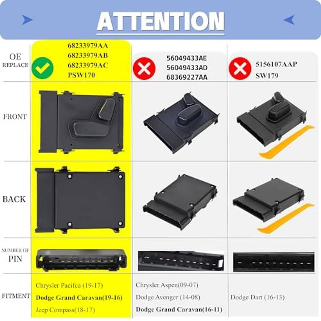 Power seat switch panel showing front and back views