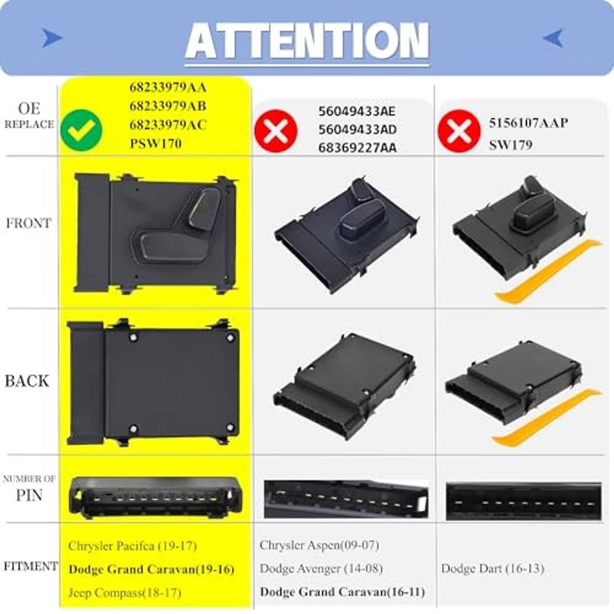 Power seat switch panel showing front and back views