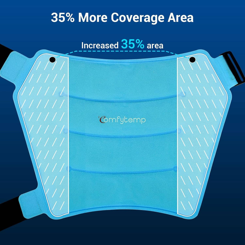 Light blue hip ice pack wrap with black straps, coverage area diagram