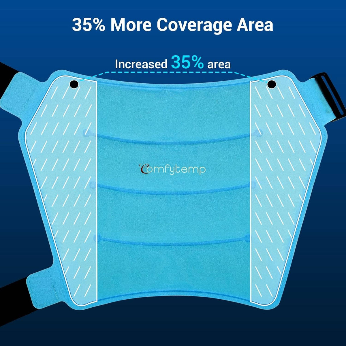 Light blue hip ice pack wrap with black straps, coverage area diagram