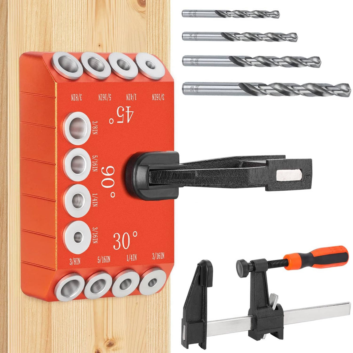 Orange aluminum drill guide jig with multiple angle guides and round hole templates