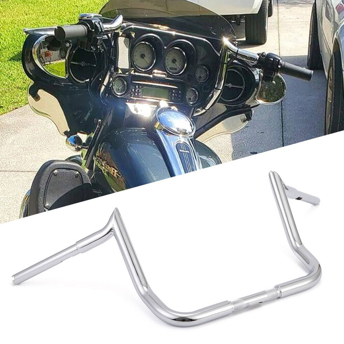 Chrome ape hanger handlebars shown with a motorcycle cockpit in the background