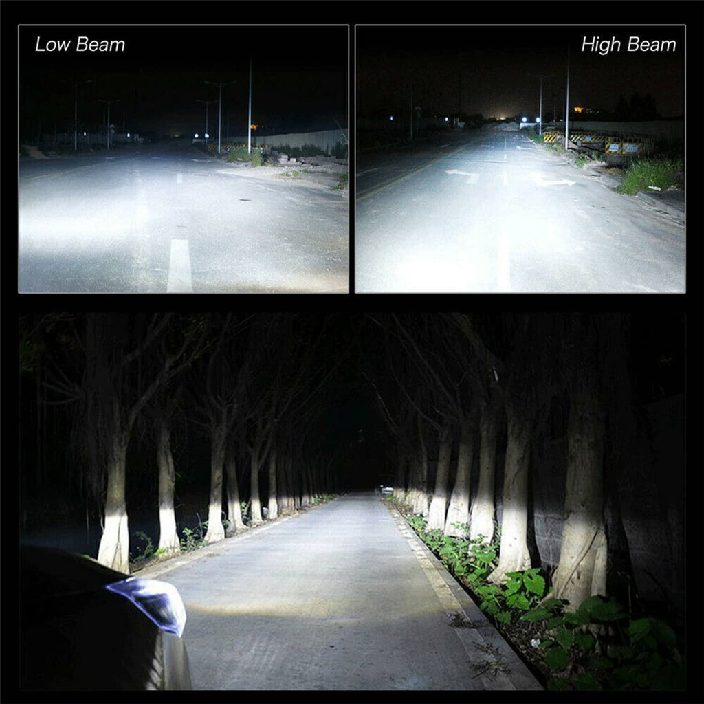 LED headlight beam comparison, low beam and high beam light spread on road