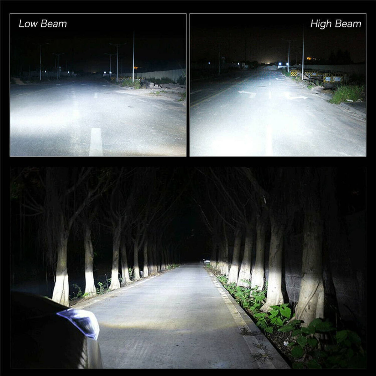 LED headlight beam comparison, low beam and high beam light spread on road