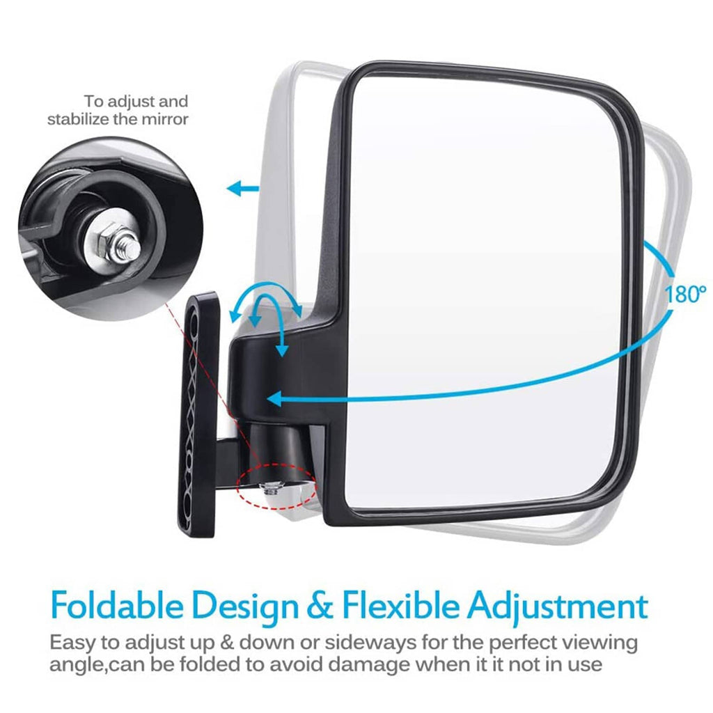 Golf cart side mirror with adjustable arm and convex viewing glass in black housing