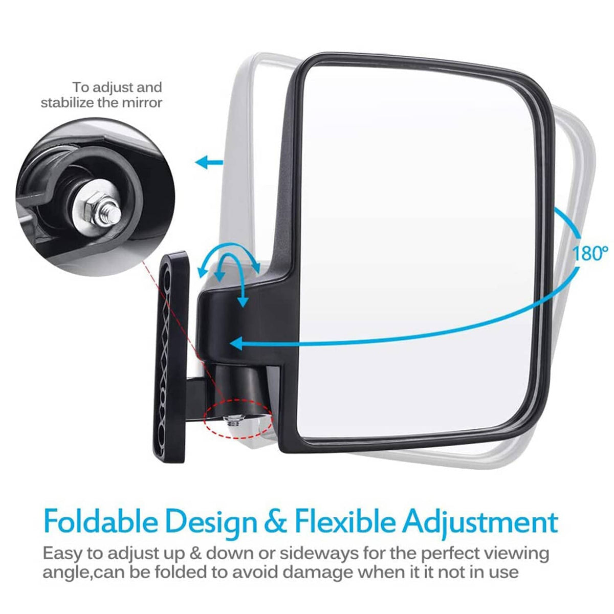 Golf cart side mirror with adjustable arm and convex viewing glass in black housing