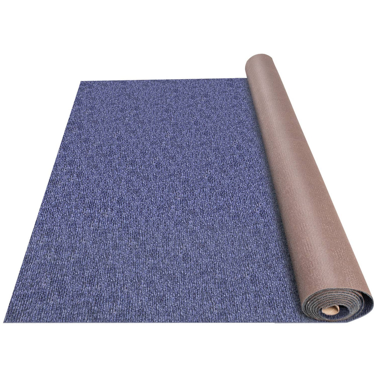 Marine cut pile carpet roll, blue textured pile with rolled brown backing