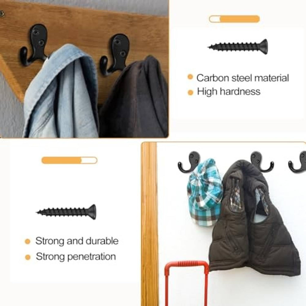 Matte black coat hooks with mounting screws, shown with hanging jackets on a wood wall