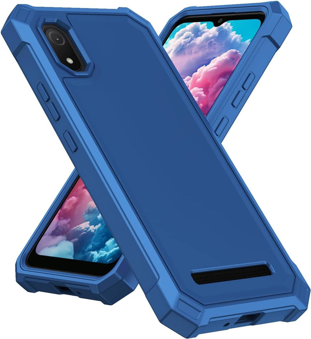 Blue rugged phone case with front and back coverage, camera cutout and edges