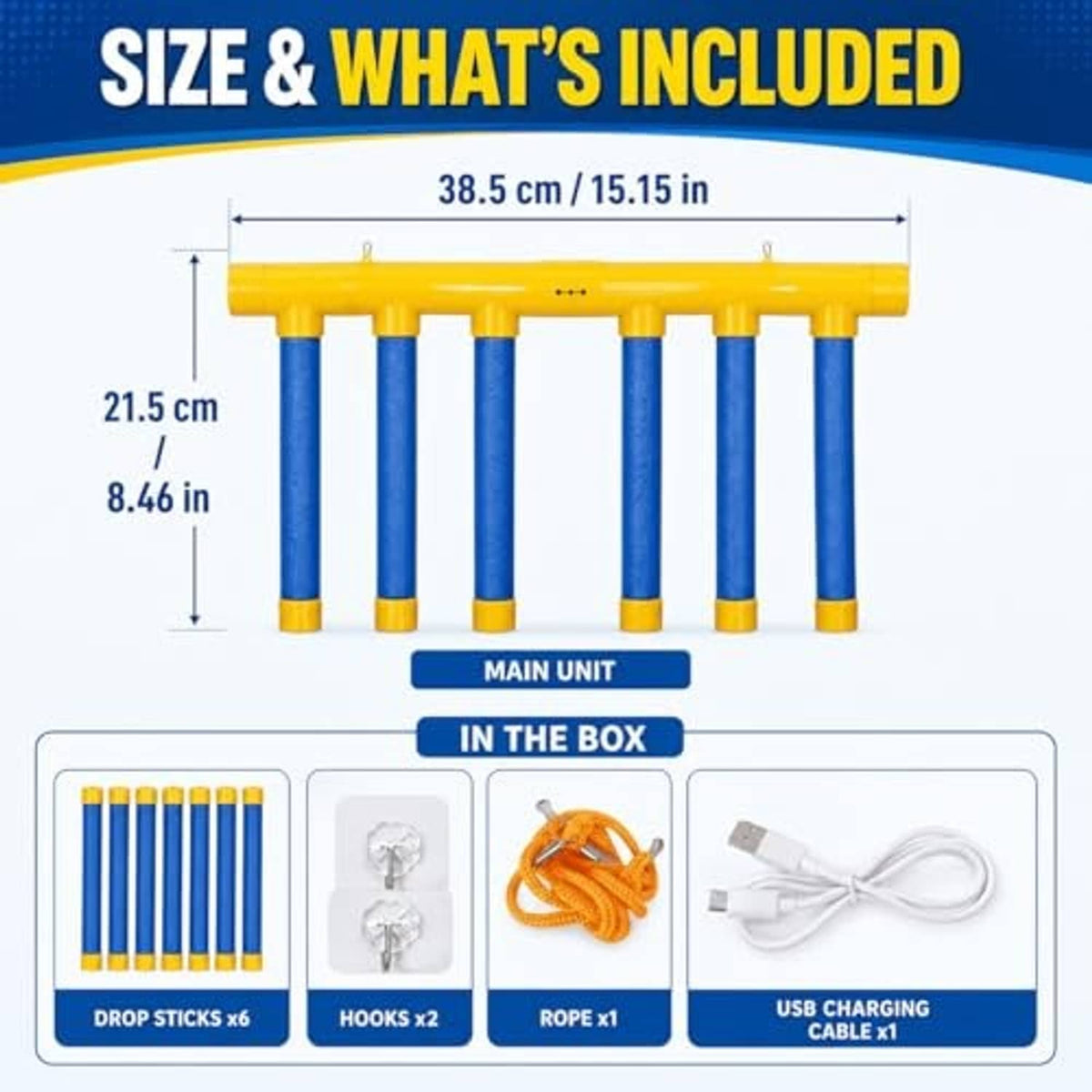 Drop sticks game size chart with yellow-and-blue frame and blue foam posts included