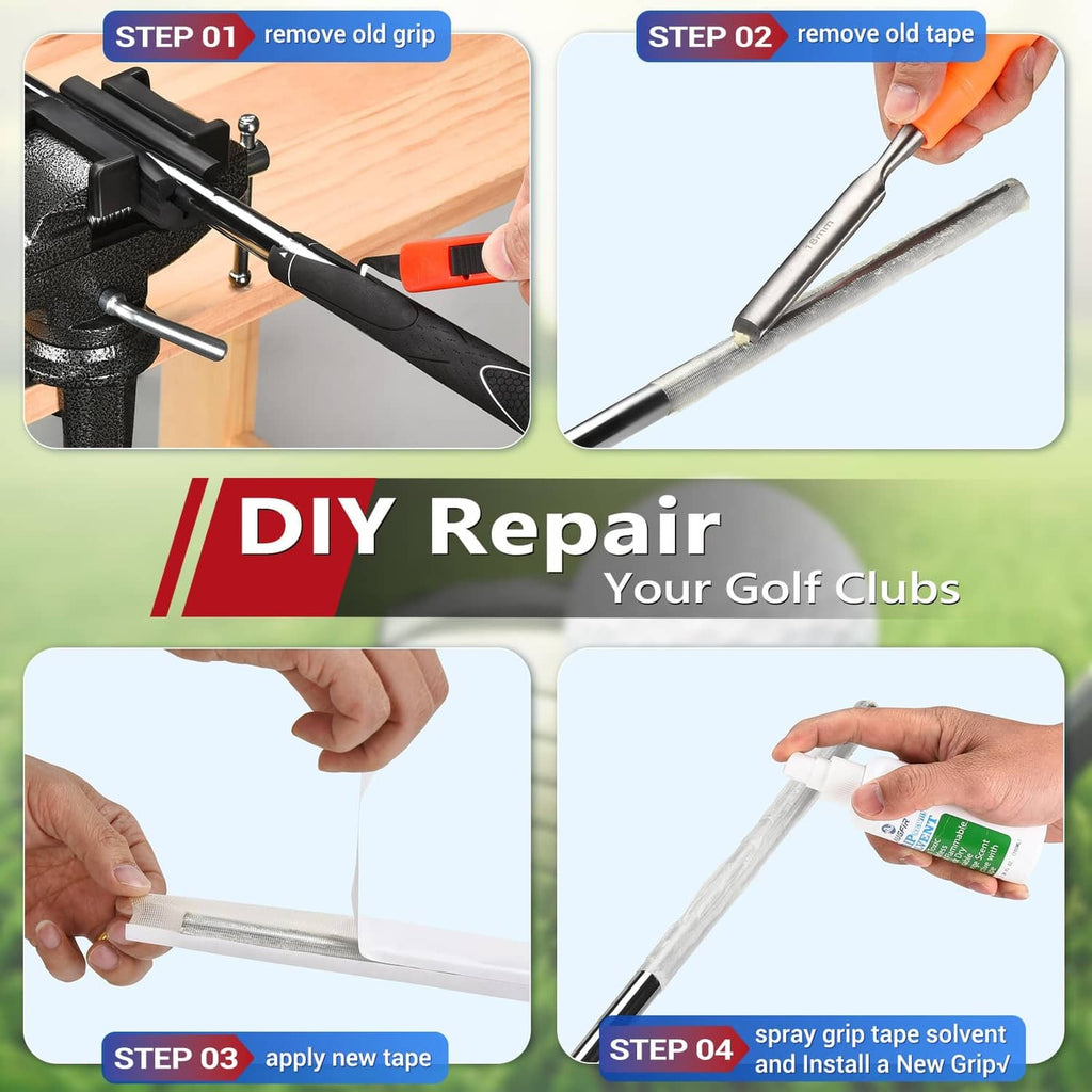 Golf club clamped in black vise with grip removal tools and new tape application