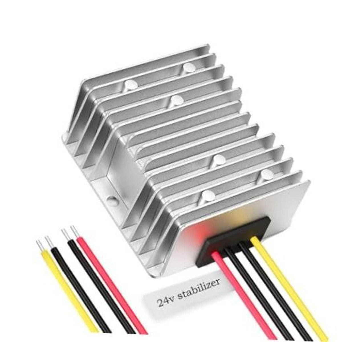 Aluminum 24V voltage regulator module with silver heat sink fins and wire terminals