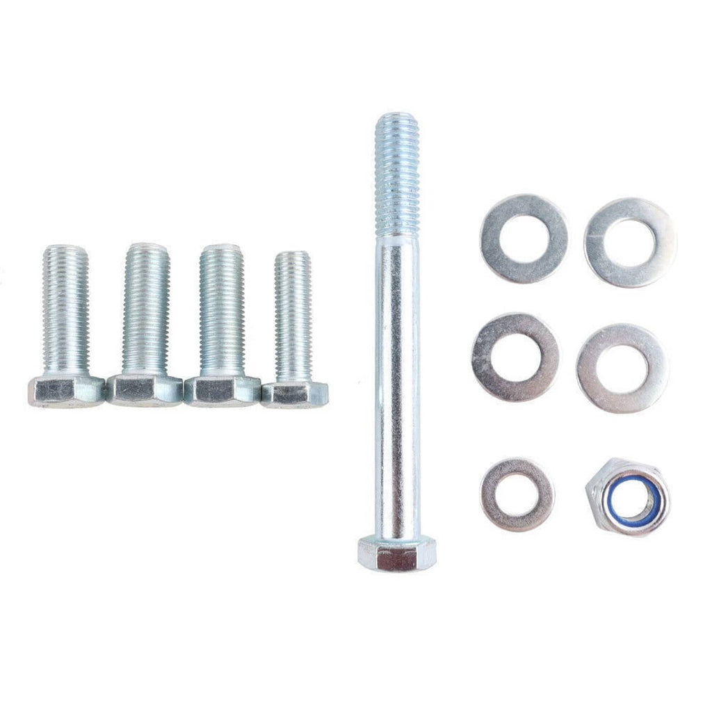 Motor mount kit fasteners: long silver bolt, short bolts, washers, and lock nut