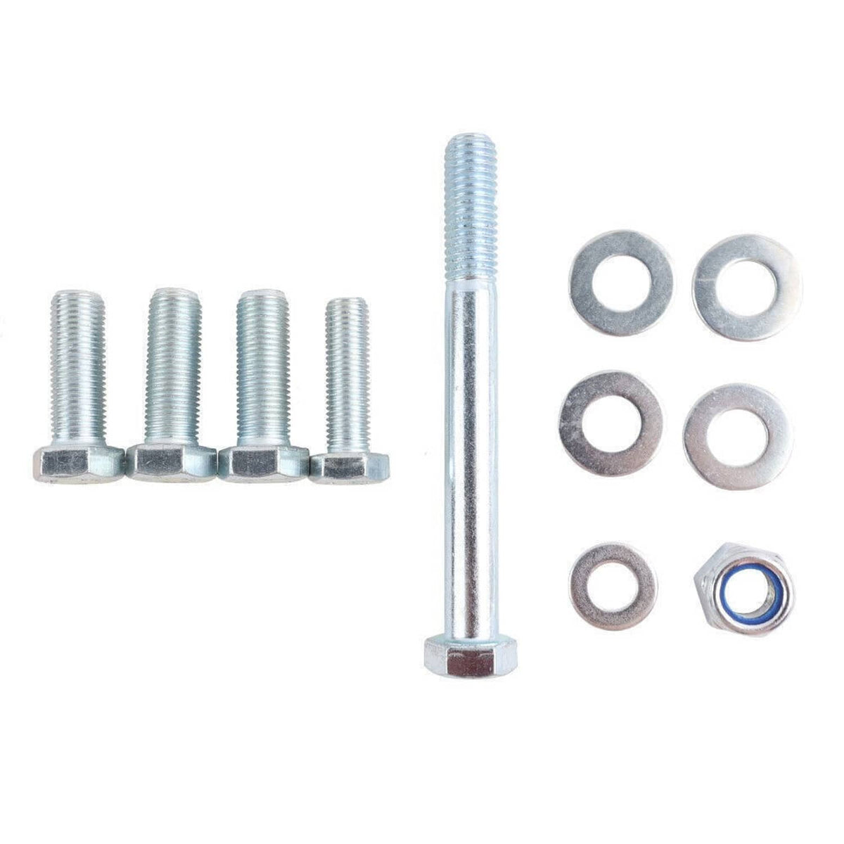 Motor mount kit fasteners: long silver bolt, short bolts, washers, and lock nut