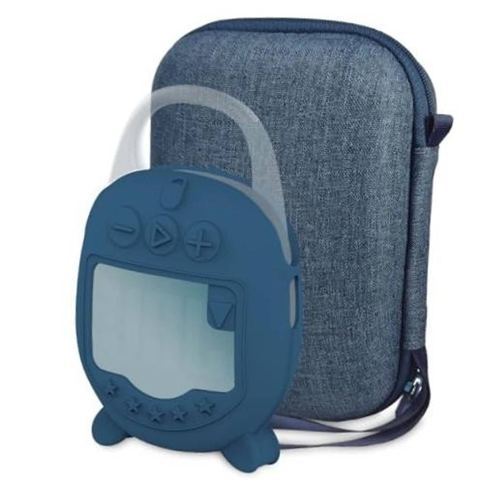 Blue hard carrying case with zipper, speaker in blue silicone cover, front view