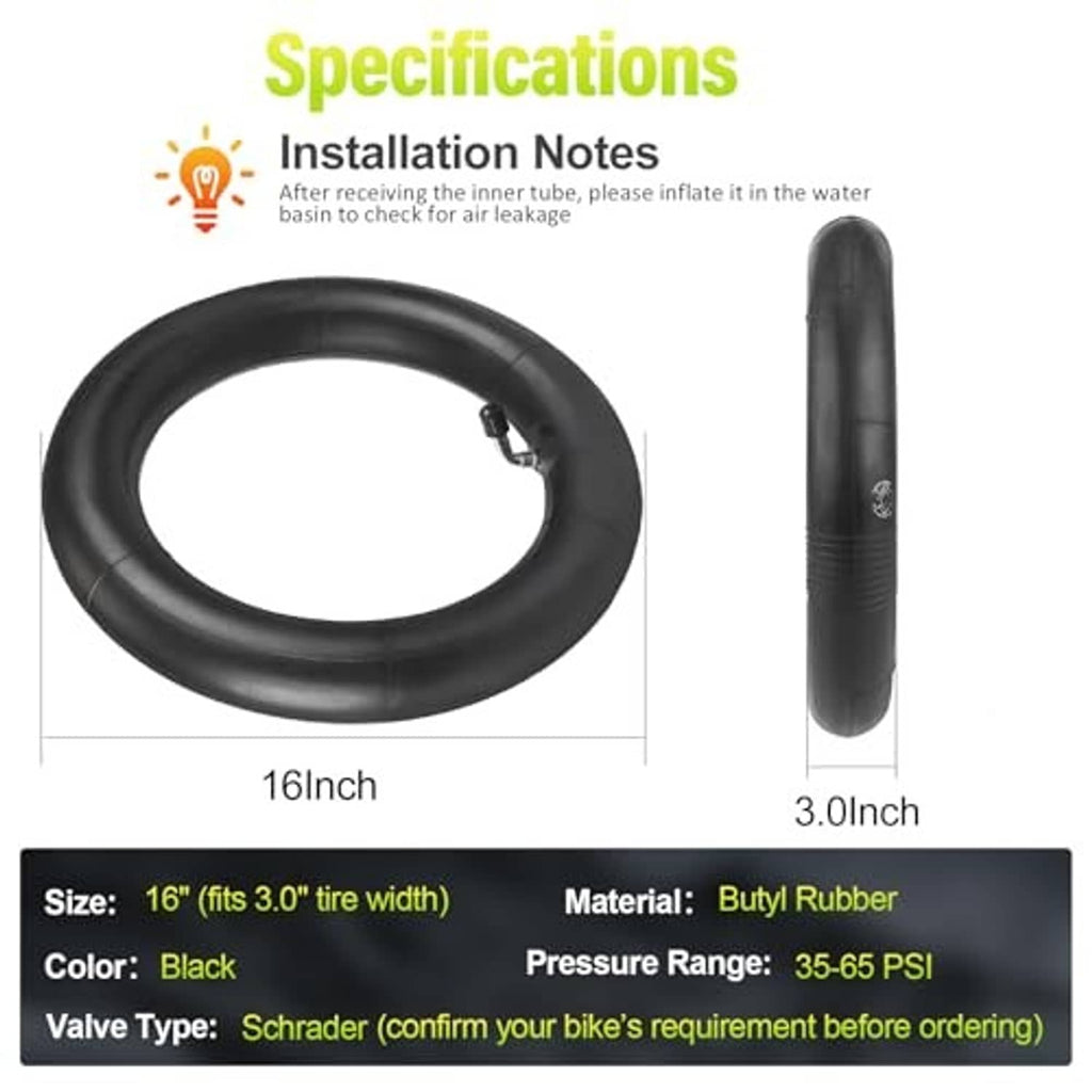 Black 16x3.0 butyl rubber inner tubes with Schrader valve, 35–65 PSI