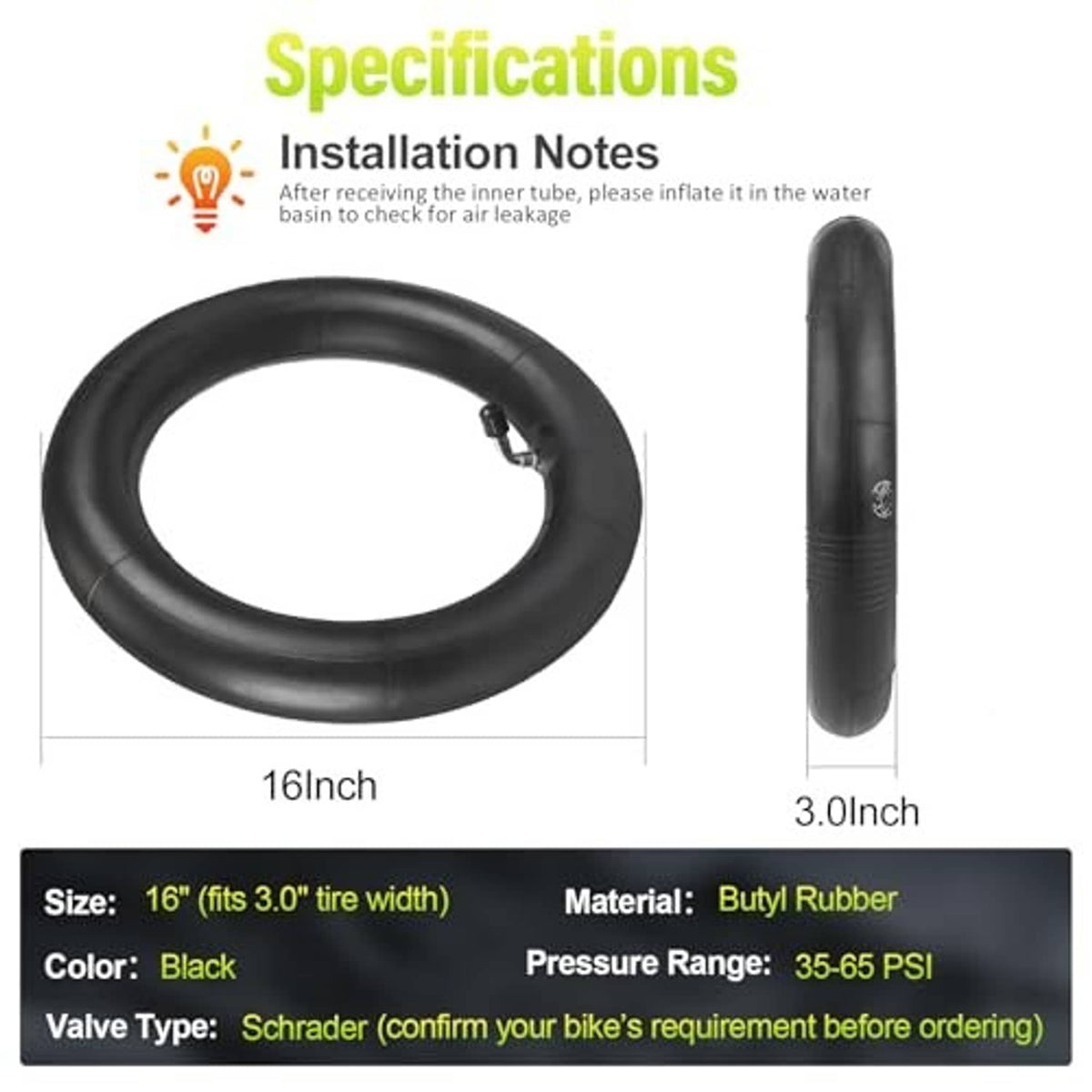 Black 16x3.0 butyl rubber inner tubes with Schrader valve, 35–65 PSI