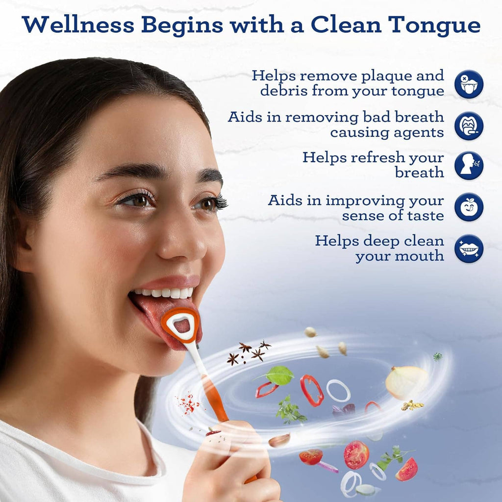 Tongue scraper with dual action tool held for cleaning the tongue.