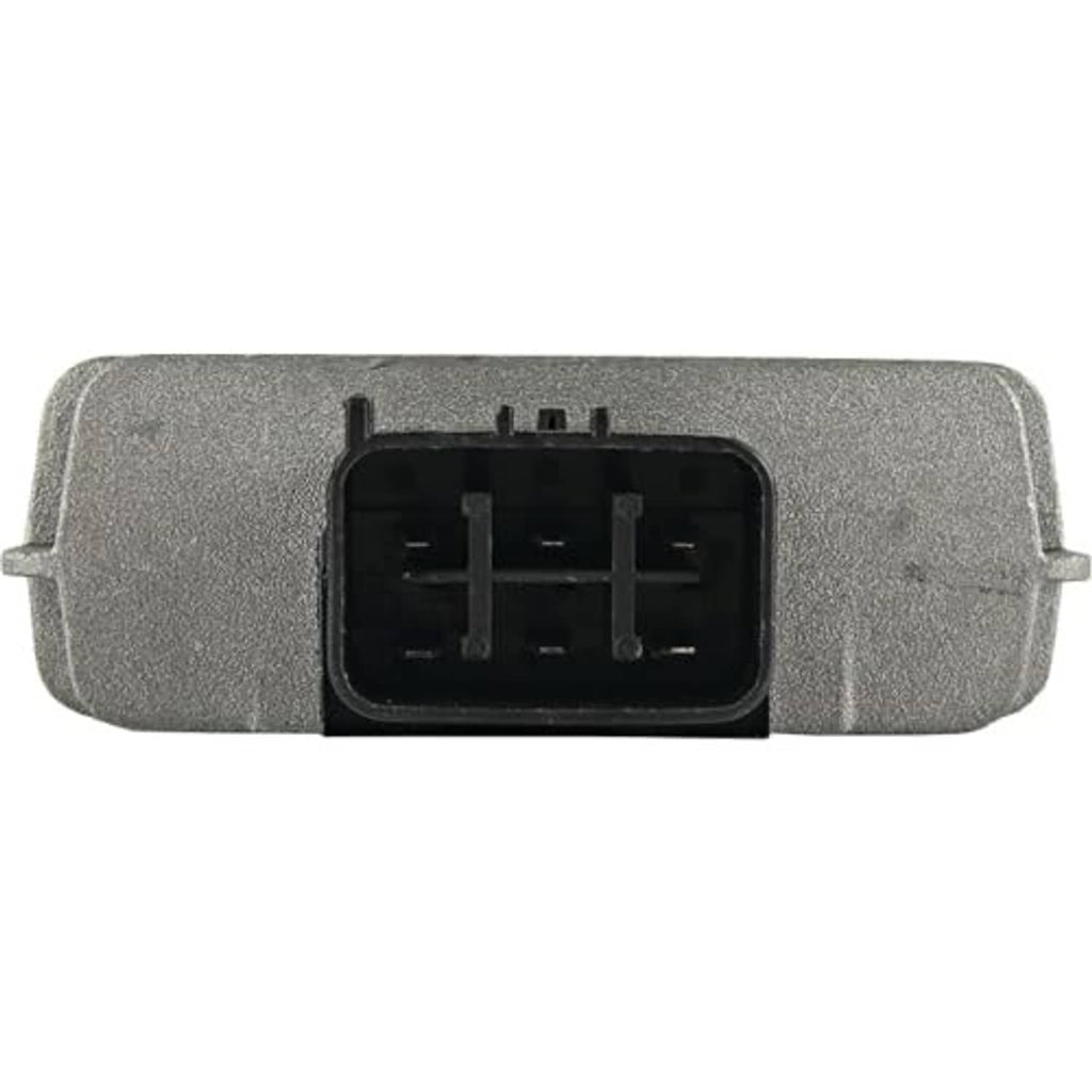 Voltage regulator rectifier rear side with black multi-pin socket in gray casing