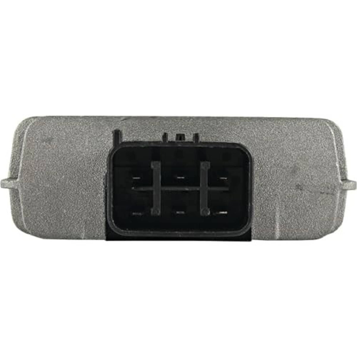 Voltage regulator rectifier rear side with black multi-pin socket in gray casing