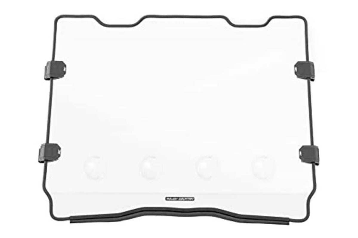 Clear windshield panel with black mounting bars and base supports for UTV