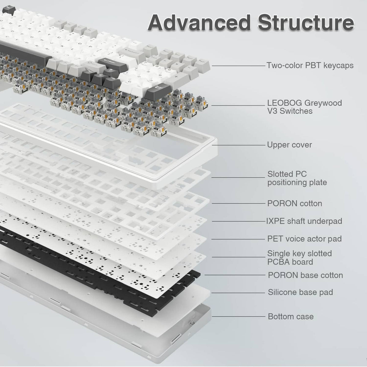 Mechanical keyboard internal view, white top plate with switch layout and stabilizing layers