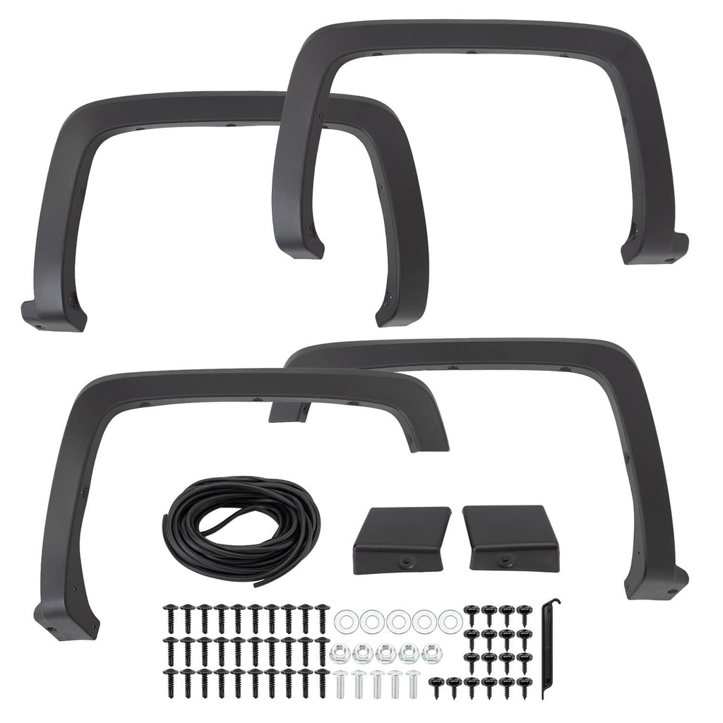 Black fender flare kit with bundled hardware, brackets, and installation screws
