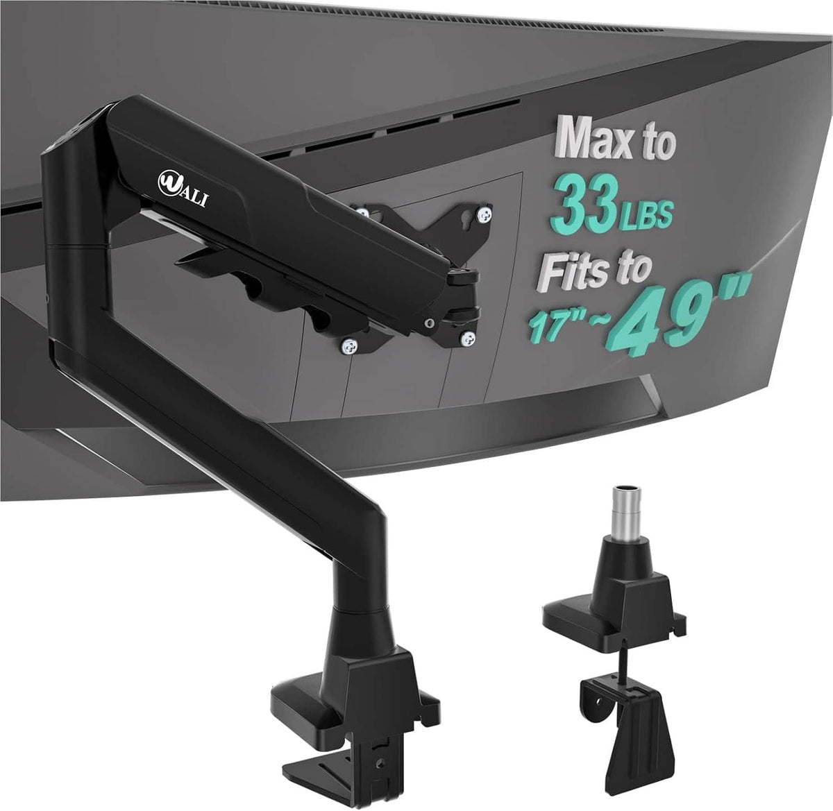 Black ultrawide monitor arm, angled view, with VESA bracket and clamp