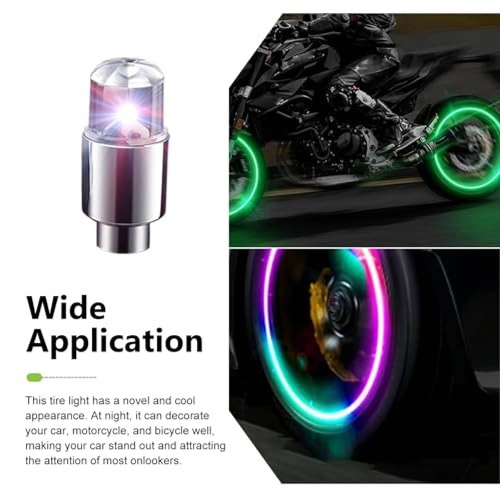 LED tire valve stem cap with clear dome, plus multicolor wheel glow on a motorcycle