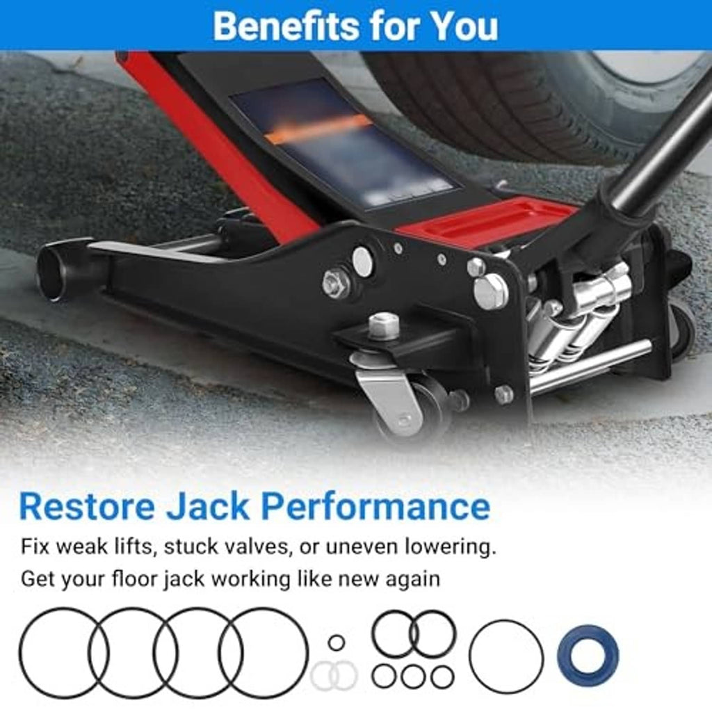 Floor jack underside with seal kit parts: black O-rings and blue ring