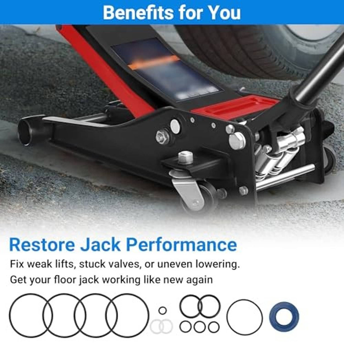Floor jack underside with seal kit parts: black O-rings and blue ring