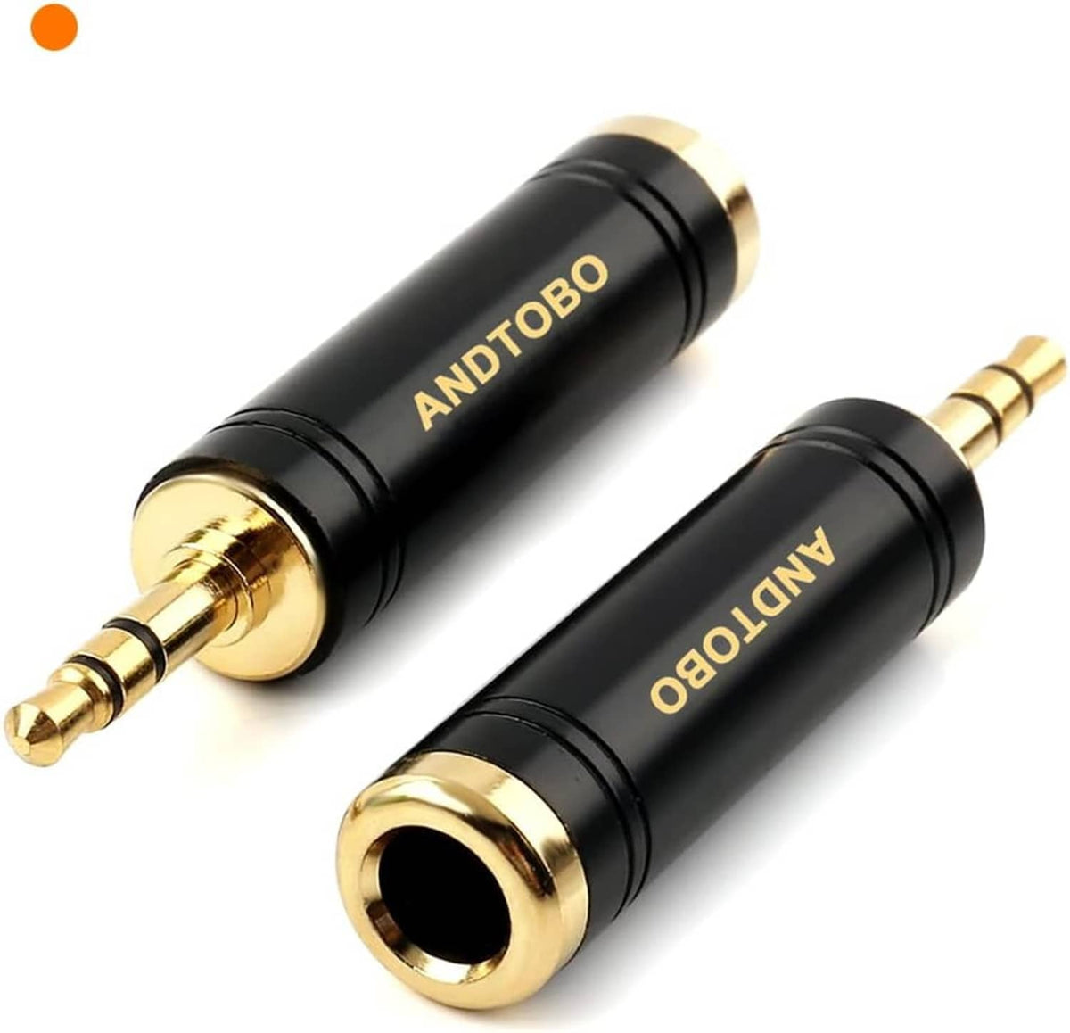 Stereo audio adapter set, black barrels with gold tips: 3.5mm male and 1/4in female