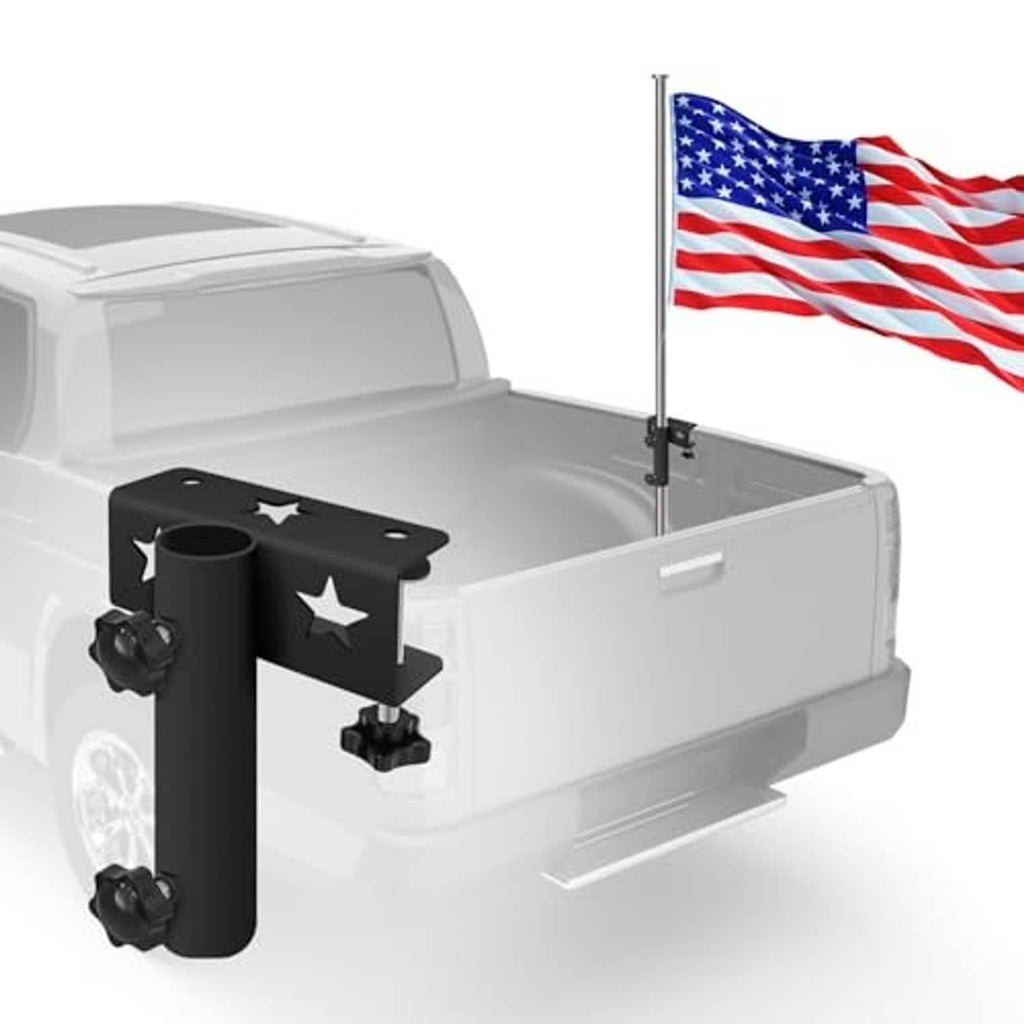 Black side flag pole mount on truck bed with upright pole and US flag