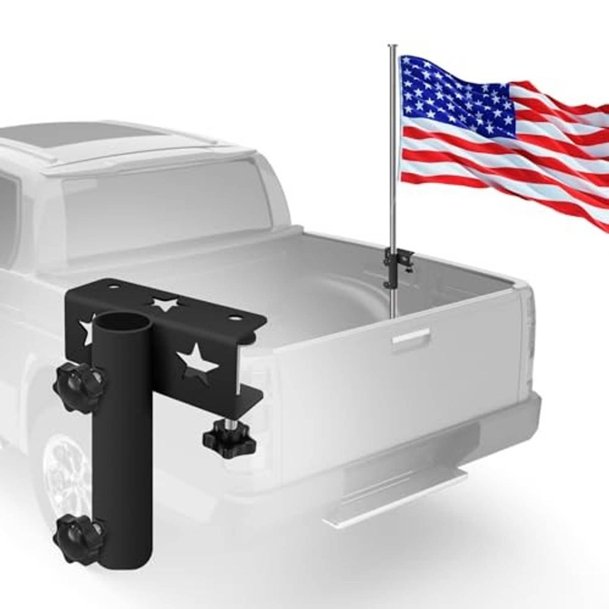 Black side flag pole mount on truck bed with upright pole and US flag