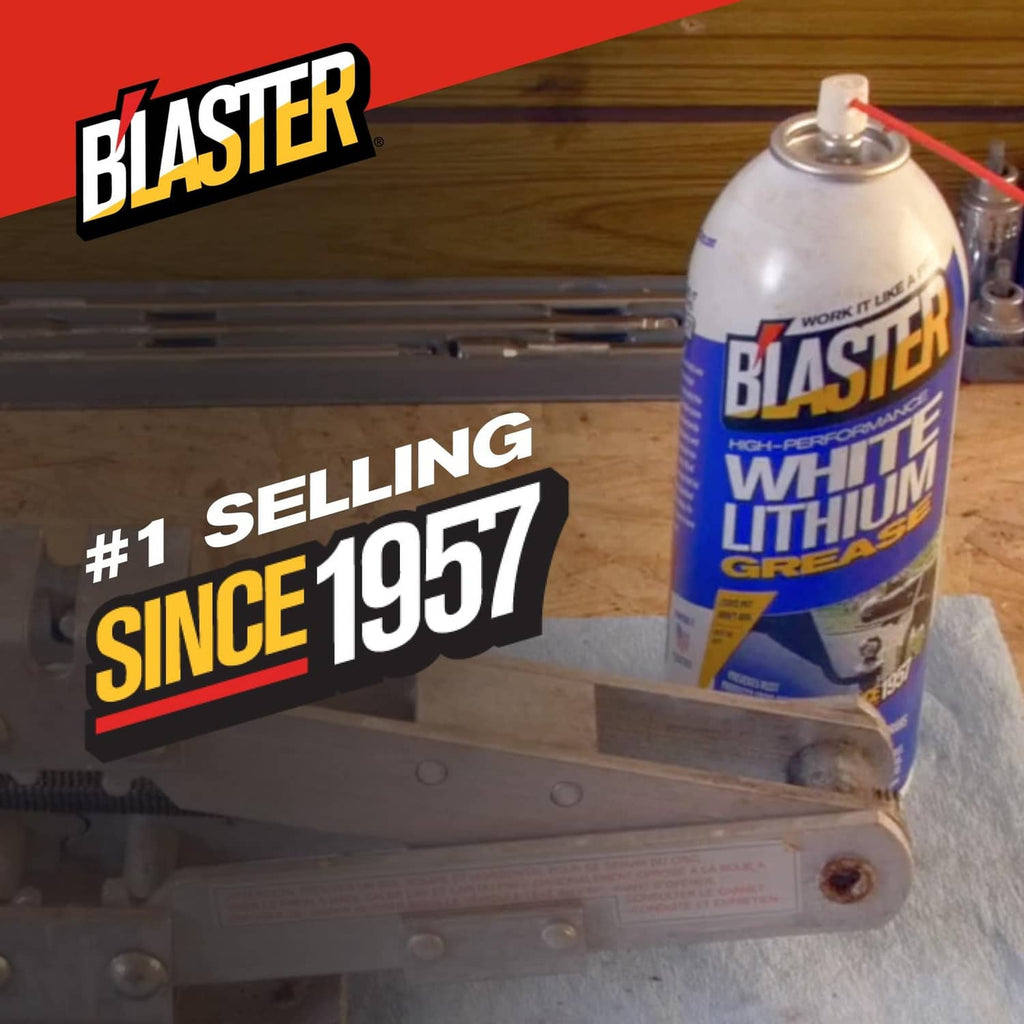 White lithium grease aerosol can on workbench shelf with yellow cap
