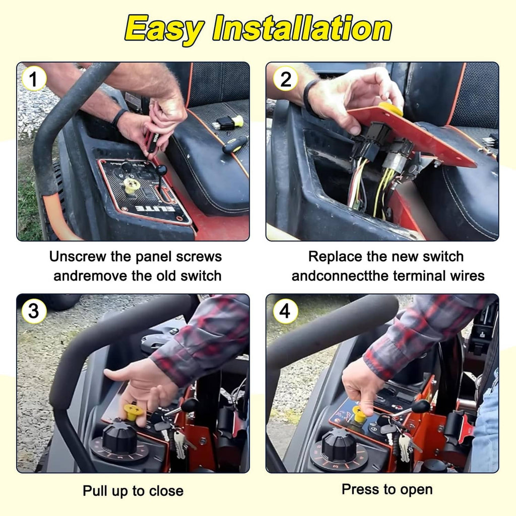 Hands installing a PTO switch: yellow actuator, black housing, and metal terminal wires