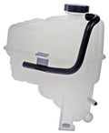 Pressurized coolant reservoir with cap and black hose, white plastic housing