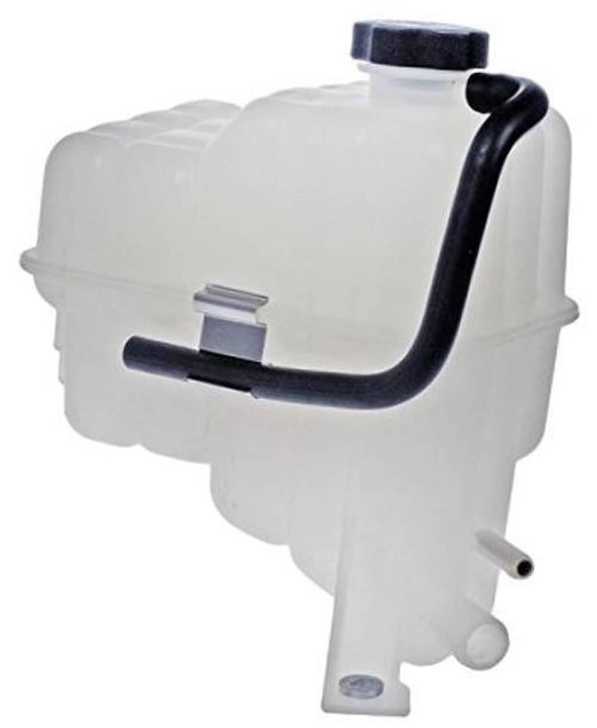 Pressurized coolant reservoir with cap and black hose, white plastic housing