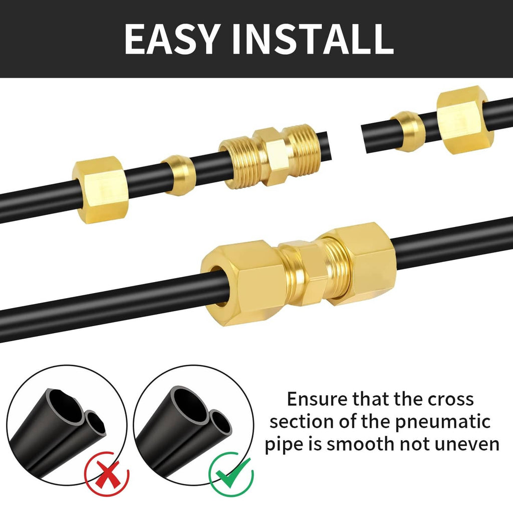 Brass compression fitting joins black tubing, hex couplers at both ends