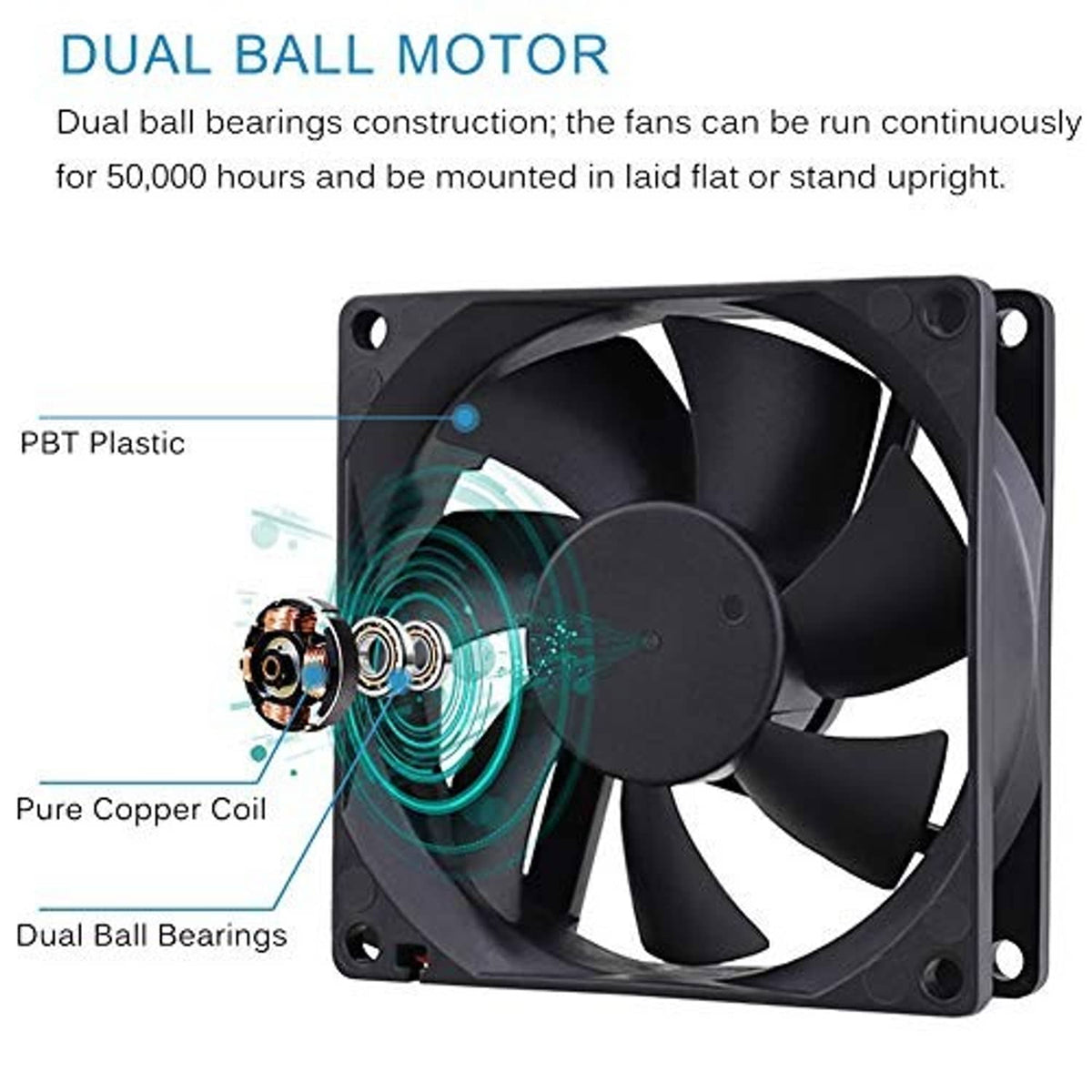 DC brushless cooling fan with dual ball motor bearing and copper coil detail