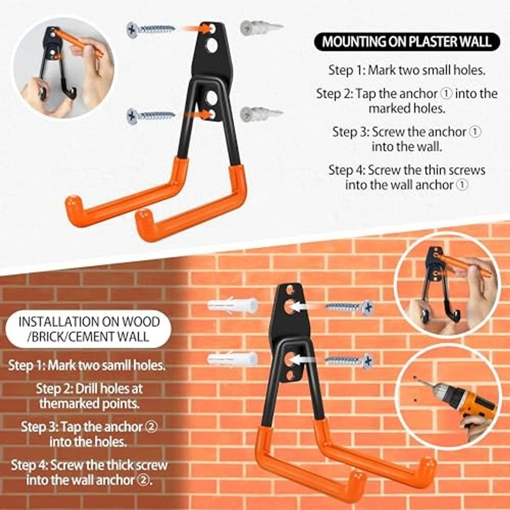 Garage hook installation guide showing orange hooks mounted with screws and anchors