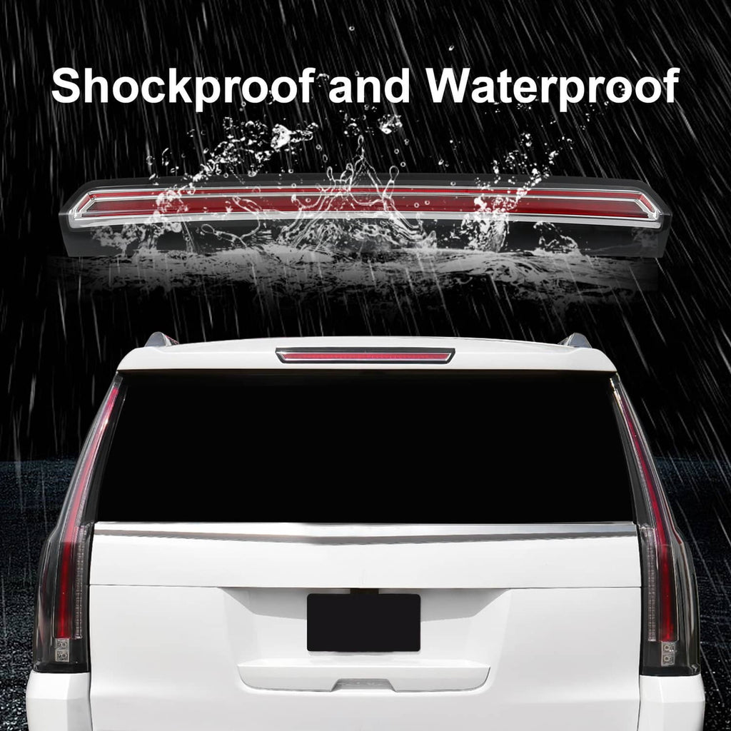 Waterproof high mount third brake light with red LED bar shown under spray