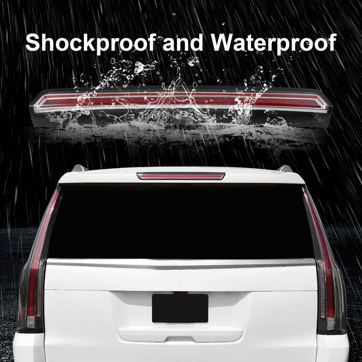 Waterproof high mount third brake light with red LED bar shown under spray