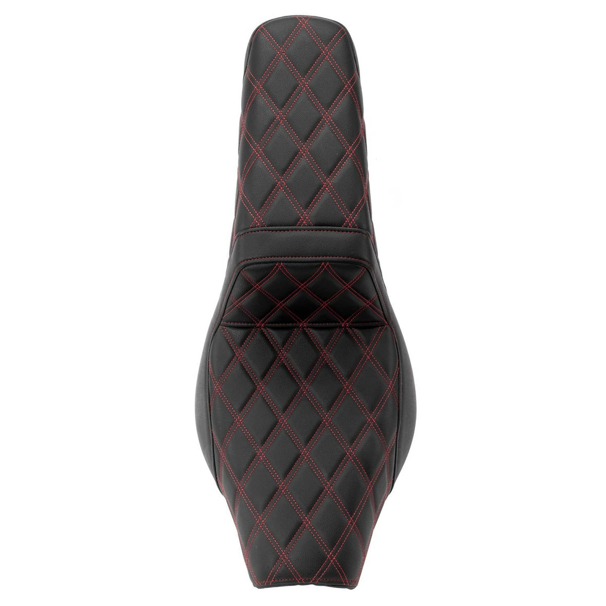 Motorcycle seat with tall backrest, diamond quilt and red stitching, black