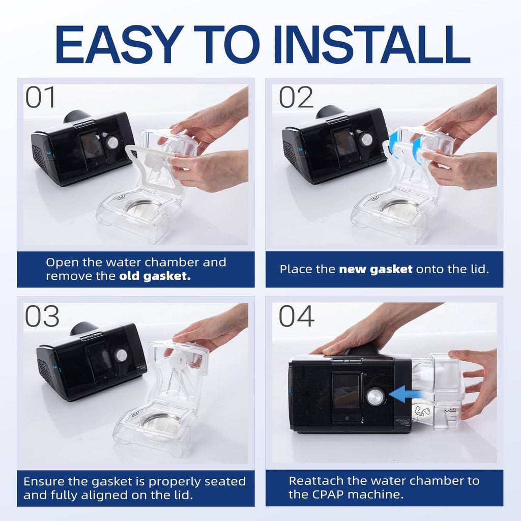 Gasket installation guide for CPAP water chamber, four-step placement and reattach