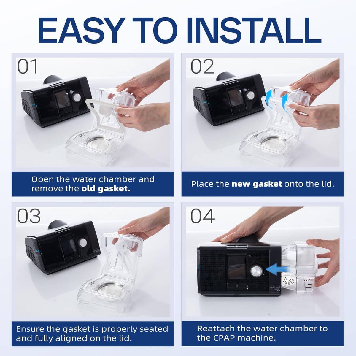 Gasket installation guide for CPAP water chamber, four-step placement and reattach